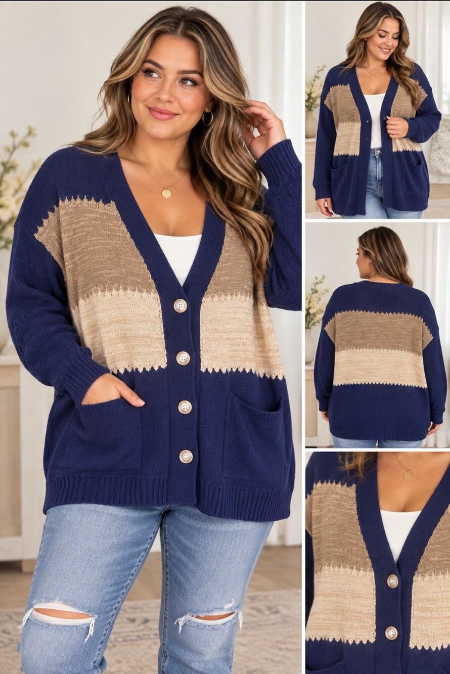 BloomChic Cardigan Size 12 Navy Tan Colorblock Grandpa Sweater Coastal Preppy